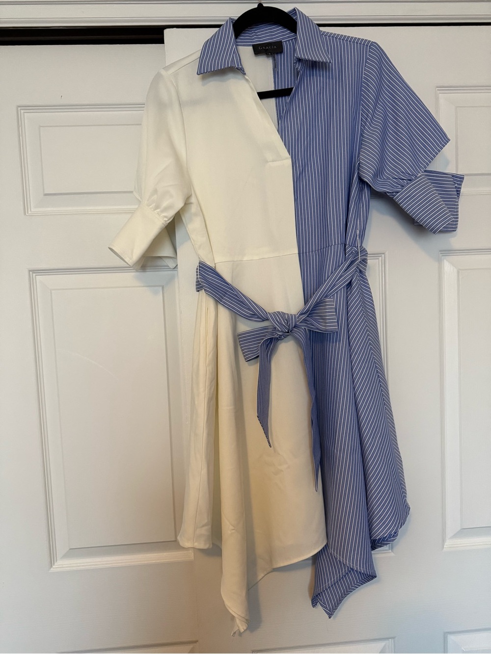 Gracia Two-Tone White and Blue Striped Long Sleeve Shirt Dress